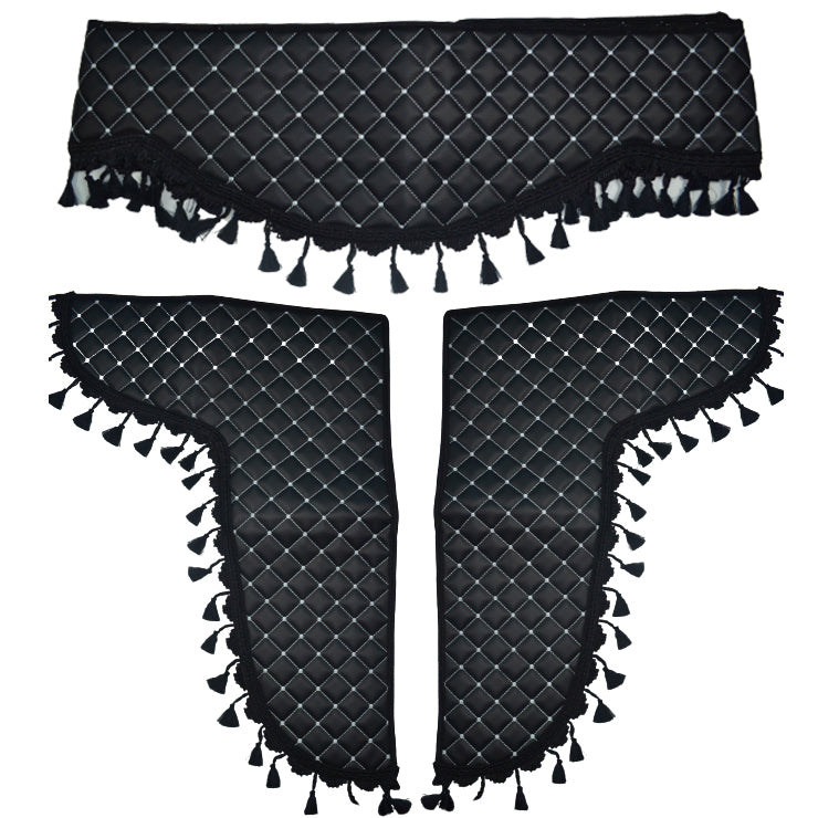 Jeu de rideaux à franges en cuir noir, 3 pièces – rideau avant 230 cm, panneaux latéraux 70 × 50 cm