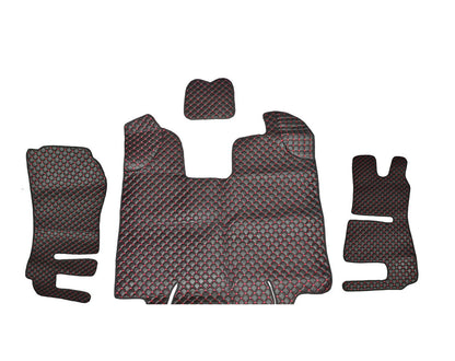 Tapis de sol en cuir synthétique (éco-cuir) noir – adaptés pour Scania R conduite à droite 2013–2016, surpiqûres rouges