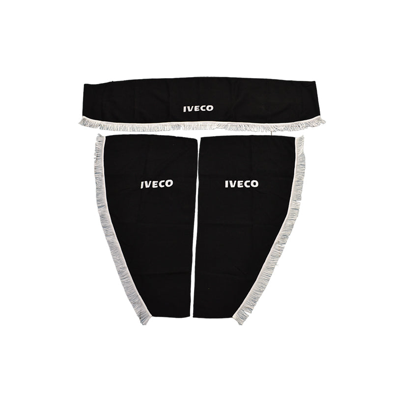 Jeu de rideaux pour camion adapté pour IVECO – 3 pièces, noir avec franges blanches, logo