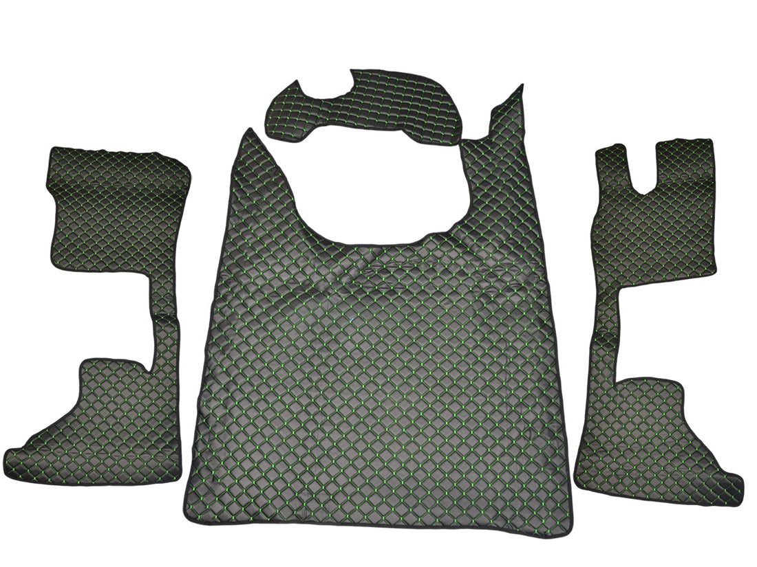 Tapis de sol en cuir synthétique (éco-cuir) noirs – adapté pour DAF XG+, surpiqûres vertes, siège passager pneumatique, conduite à droite (à partir de 10.2021)