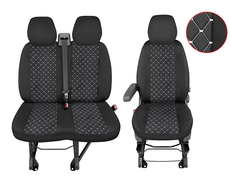 Seat Cover Set – suitable for Peugeot Boxer 2+1 (2015+), Black/White, Polyester and Elastane