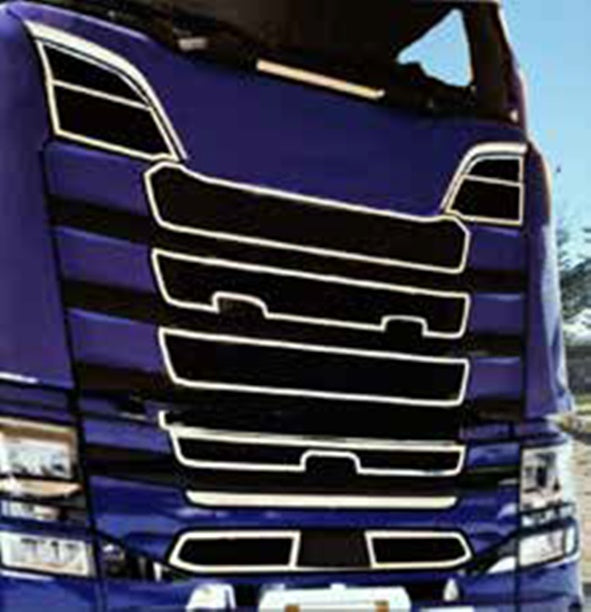 Front Grille Surround Trim Set – Stainless Steel, 10 Pieces, Without DRL, suitable for Scania S NextGen