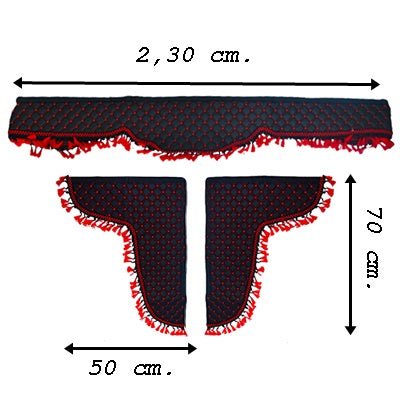 Jeu de rideaux à franges en cuir, noir avec surpiqûres rouges, décoration intérieure 3 pièces