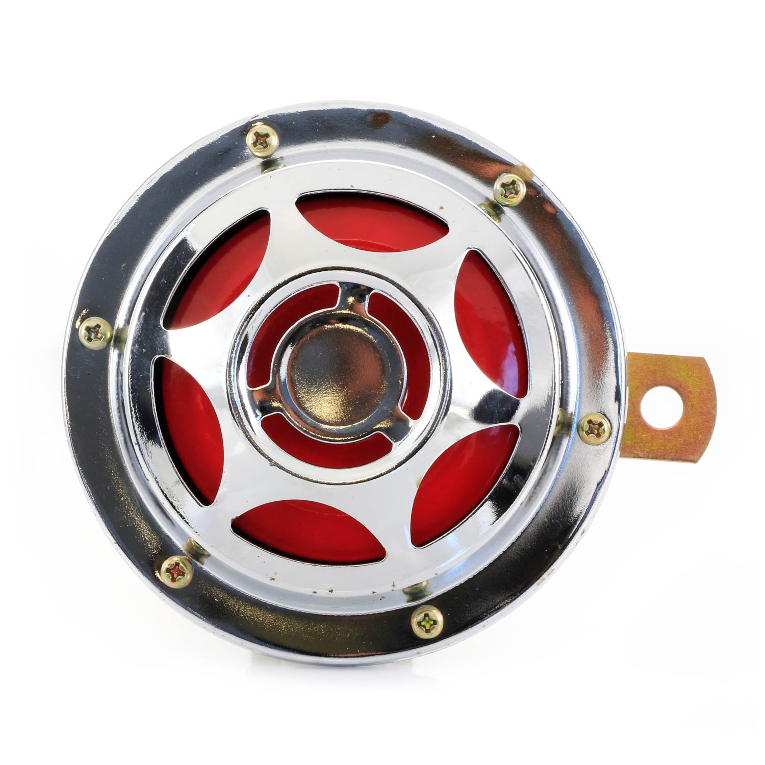 Avertisseur sonore rond en métal – 12V, 110 mm, 110 dB, chrome/rouge, universel pour véhicules