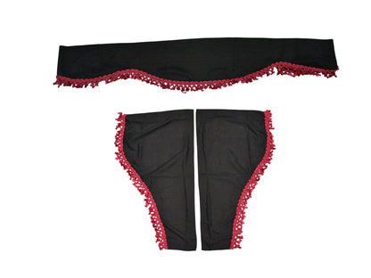 Jeu de rideaux de pare-brise pour camion, 3 pièces, noir avec franges Bordeaux
