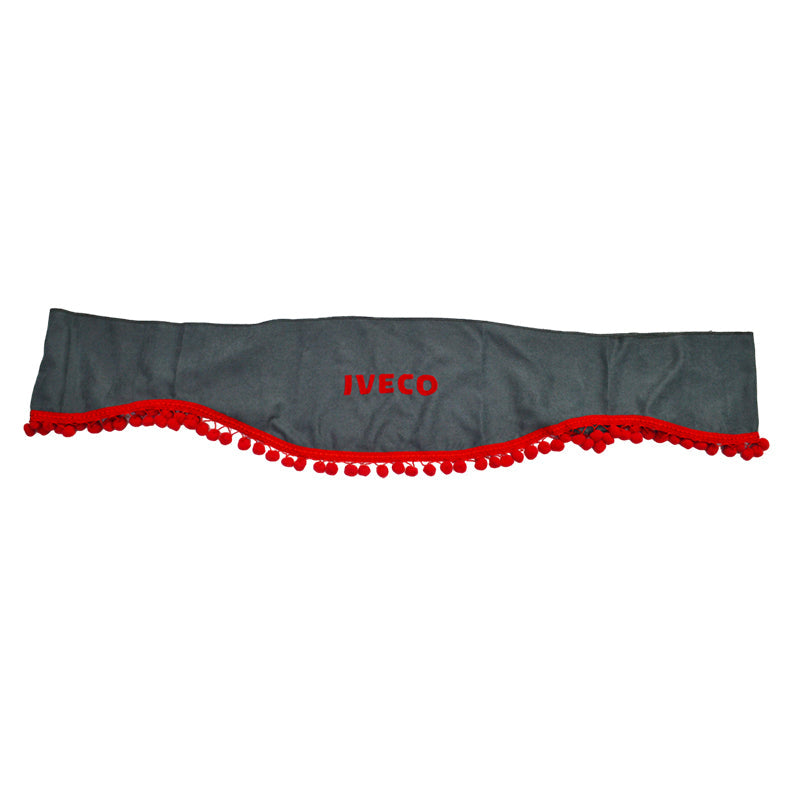 Rideau pare-soleil avant pour pare-brise adapté pour camion Iveco – Pièce unique, gris avec franges rouges