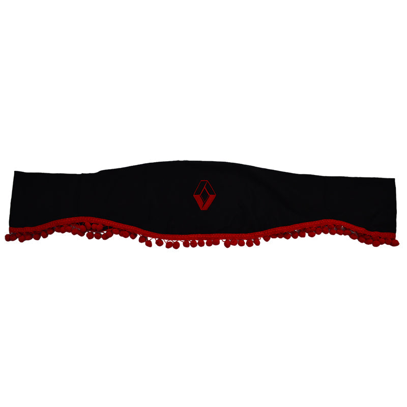 Rideau de pare-brise avant adapté pour camion Renault – pièce unique noire avec franges rouges et logo