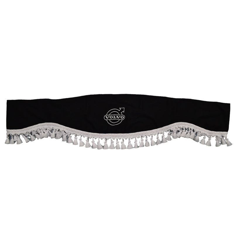 Rideau de pare-brise avant adapté pour camion Volvo – Pièce unique, noir avec franges blanches et logo