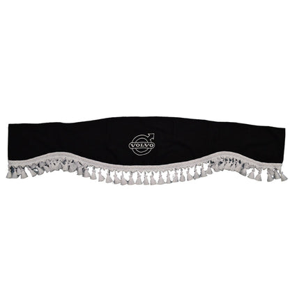 Rideau de pare-brise avant adapté pour camion Volvo – Pièce unique, noir avec franges blanches et logo