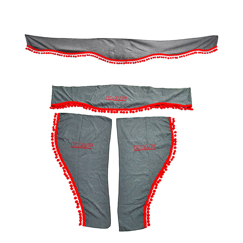 Jeu de rideaux gris 3 pièces pour camion avec glands rouges et logo, adapté pour camions DAF