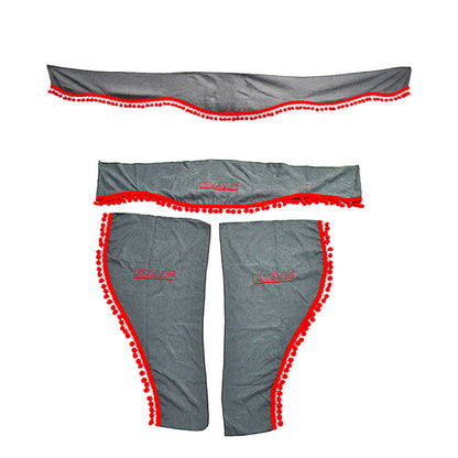 Jeu de rideaux gris 3 pièces pour camion avec glands rouges et logo, adapté pour camions DAF