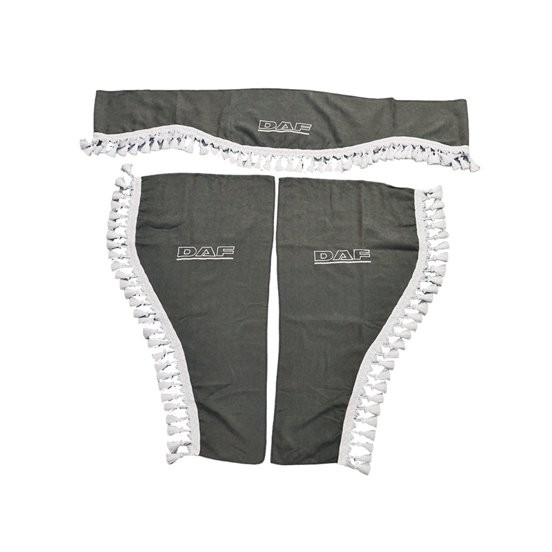 Jeu de rideaux pour camion adapté pour DAF – 3 pièces gris avec franges blanches