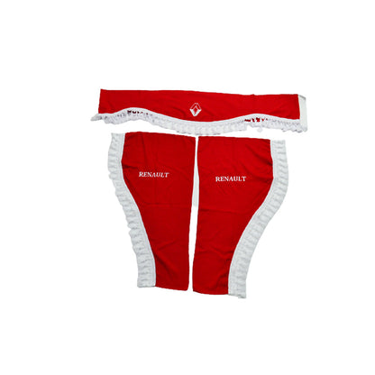 Jeu de rideaux pour camion adapté pour DAF – 3 pièces rouge avec pompons blancs et logo