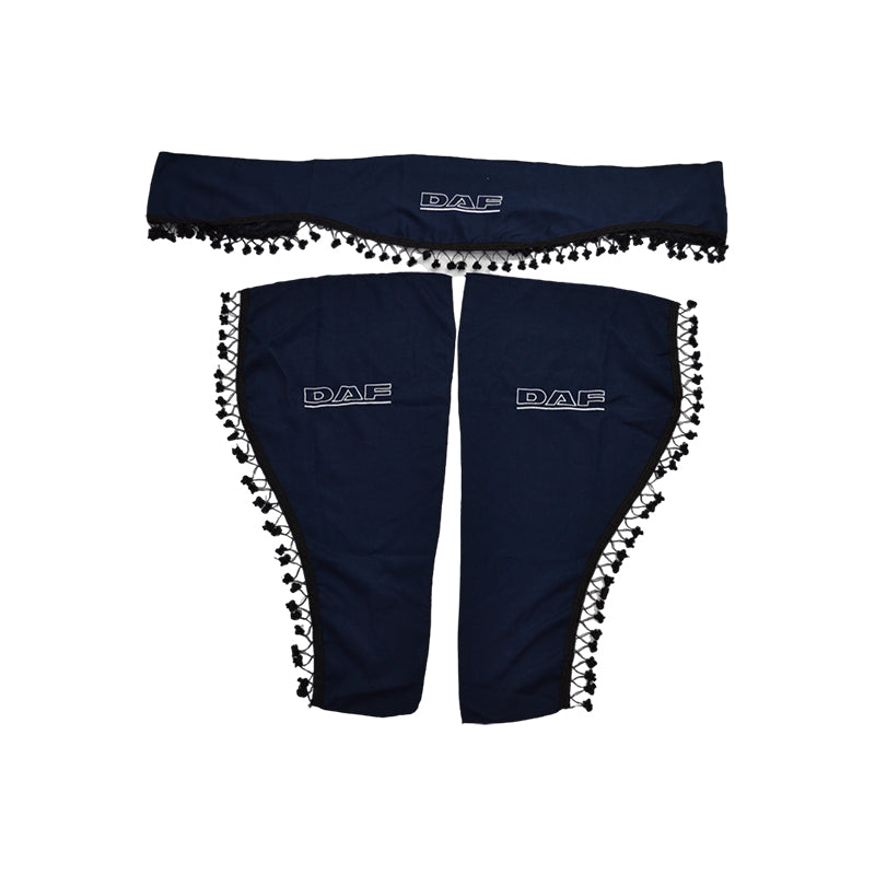 Rideaux de cabine pour camion – Jeu 3 pièces adapté pour DAF, bleu avec franges noires et logo