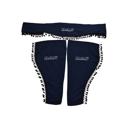 Rideaux de cabine pour camion – Jeu 3 pièces adapté pour DAF, bleu avec franges noires et logo