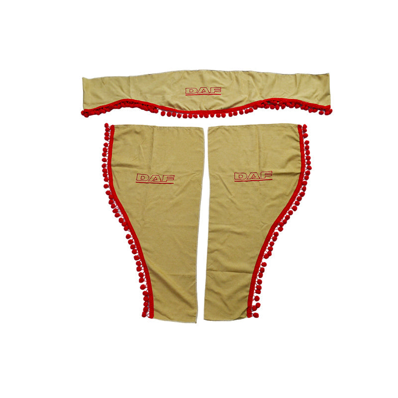 Rideaux pour camion adaptés pour DAF – Jeu 3 pièces beige avec pompons rouges et logo