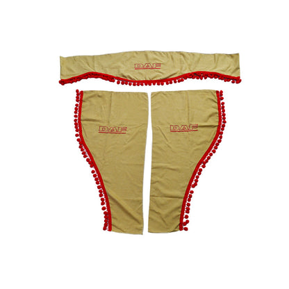 Rideaux pour camion adaptés pour DAF – Jeu 3 pièces beige avec pompons rouges et logo