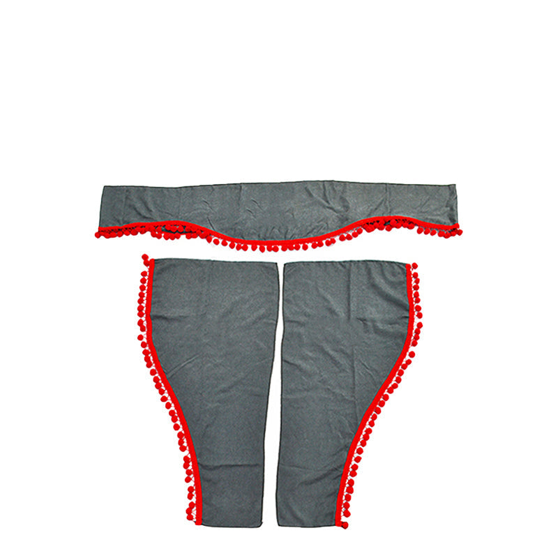 Jeu de 3 rideaux pour camion – Gris avec franges rouges