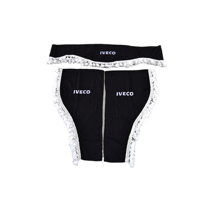 Rideaux pour camion adaptés pour Iveco – jeu 3 pièces, noir avec glands blancs et logo