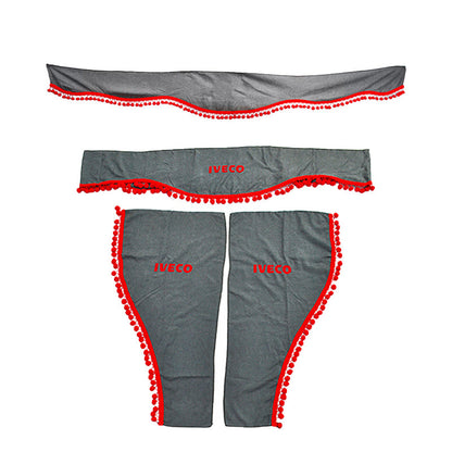 Jeu de rideaux pour camion – 3 pièces, gris avec pompons rouges et logo, adapté pour IVECO