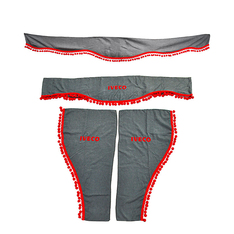 Jeu de rideaux pour camion – 3 pièces, gris avec pompons rouges et logo, adapté pour IVECO