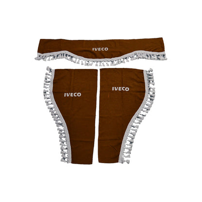 Rideaux pour camion adaptés pour Iveco – Jeu de 3 pièces, marron avec glands et lettrage blancs