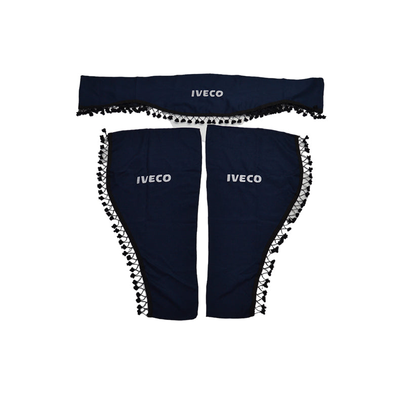 Rideaux de camion adaptés pour Iveco – Jeu de 3 pièces, bleu avec franges noires et logo