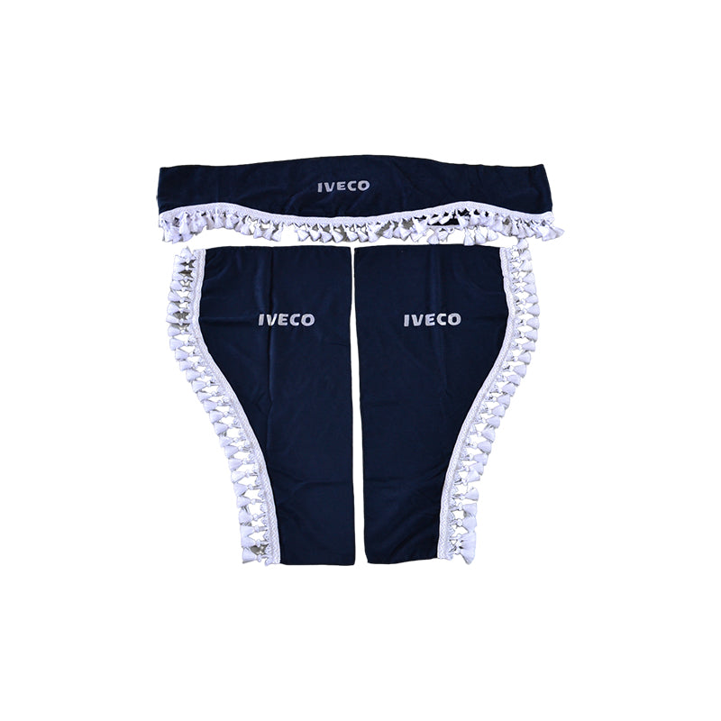 Jeu de rideaux pour camion adapté pour Iveco – 3 pièces bleu avec pompons blancs et logo