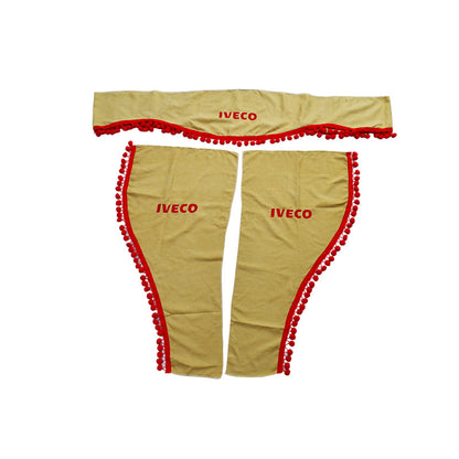 Rideaux beige 3 pièces adaptés pour Iveco – Pare-brise et vitres latérales, pompons rouges, avec logo