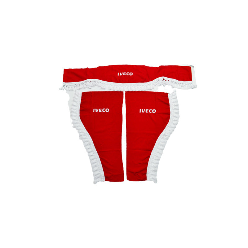 Jeu de rideaux rouges adapté pour Iveco – pare-brise avant et vitres latérales en 3 pièces, pompons blancs, avec lettrage