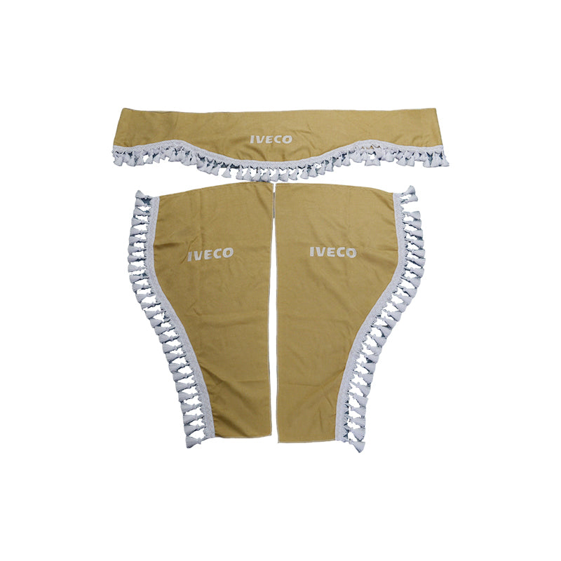 Ensemble beige de rideaux 3 pièces adapté pour IVECO – pare-soleil de pare-brise avant et de vitres latérales avec pompons et lettrage blancs