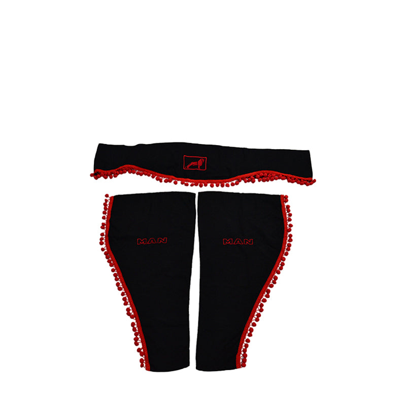 Jeu de rideaux de cabine pour camion – 3 pièces adapté pour MAN, noir avec pompons rouges, logo et lettrage