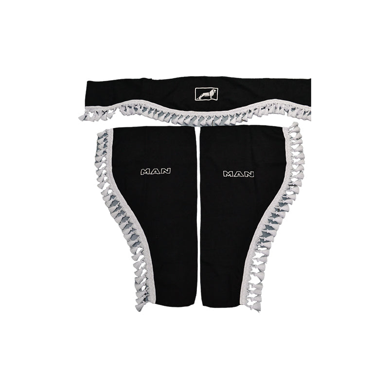 Rideaux de cabine pour camion adaptés pour MAN – Jeu de 3 pièces, noir avec pompons blancs, logo et texte