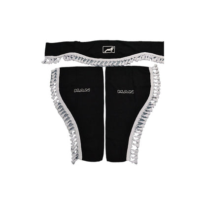 Rideaux de cabine pour camion adaptés pour MAN – Jeu de 3 pièces, noir avec pompons blancs, logo et texte