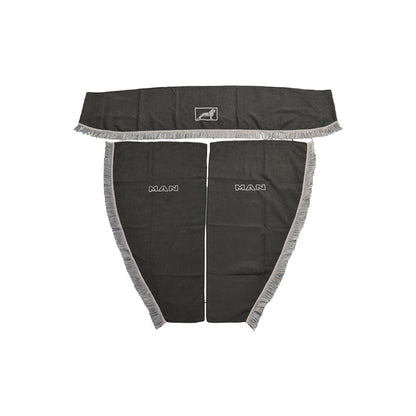 Jeu de rideaux pour camion – adapté pour MAN, 3 pièces, gris avec pompons blancs, avec logo