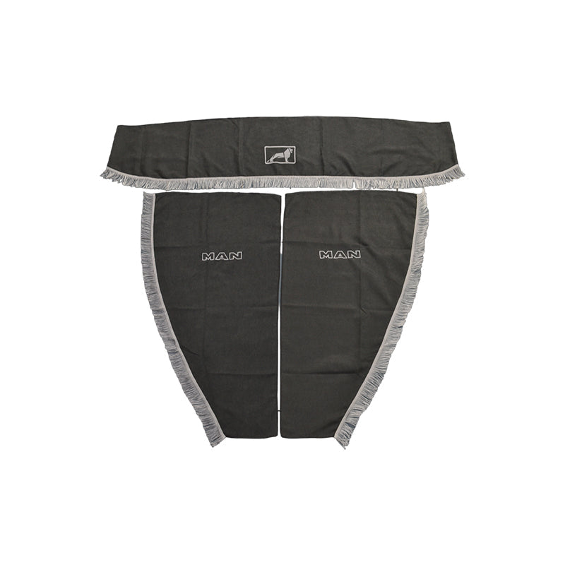 Jeu de rideaux pour camion – adapté pour MAN, 3 pièces, gris avec pompons blancs, avec logo