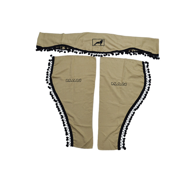 Jeu de rideaux pour camion – 3 pièces beige avec franges noires adapté pour MAN, avec logo et texte