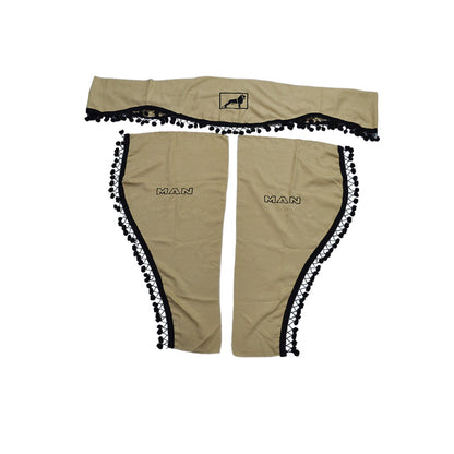 Jeu de rideaux pour camion – 3 pièces beige avec franges noires adapté pour MAN, avec logo et texte