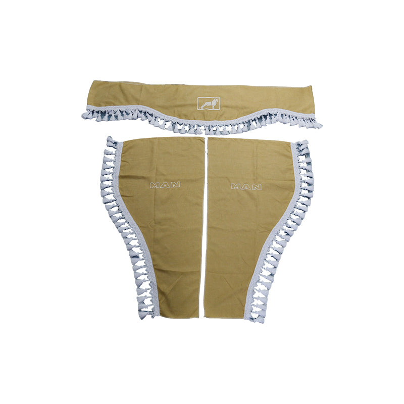 Jeu de rideaux beige pour camion – 3 pièces adapté pour pare-soleil de pare-brise avant et vitres latérales MAN avec franges blanches, logo et lettrage