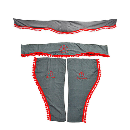 Jeu de rideaux pour camion – 3 pièces gris avec pompons rouges, adapté pour logo Mercedes