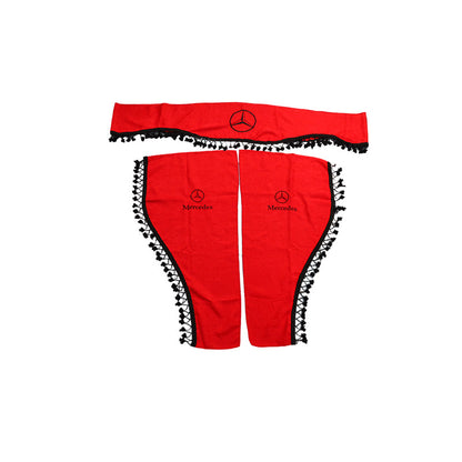 Ensemble de rideaux rouges pour camion adapté pour Mercedes – 3 pièces, tissu rouge avec franges noires et logo