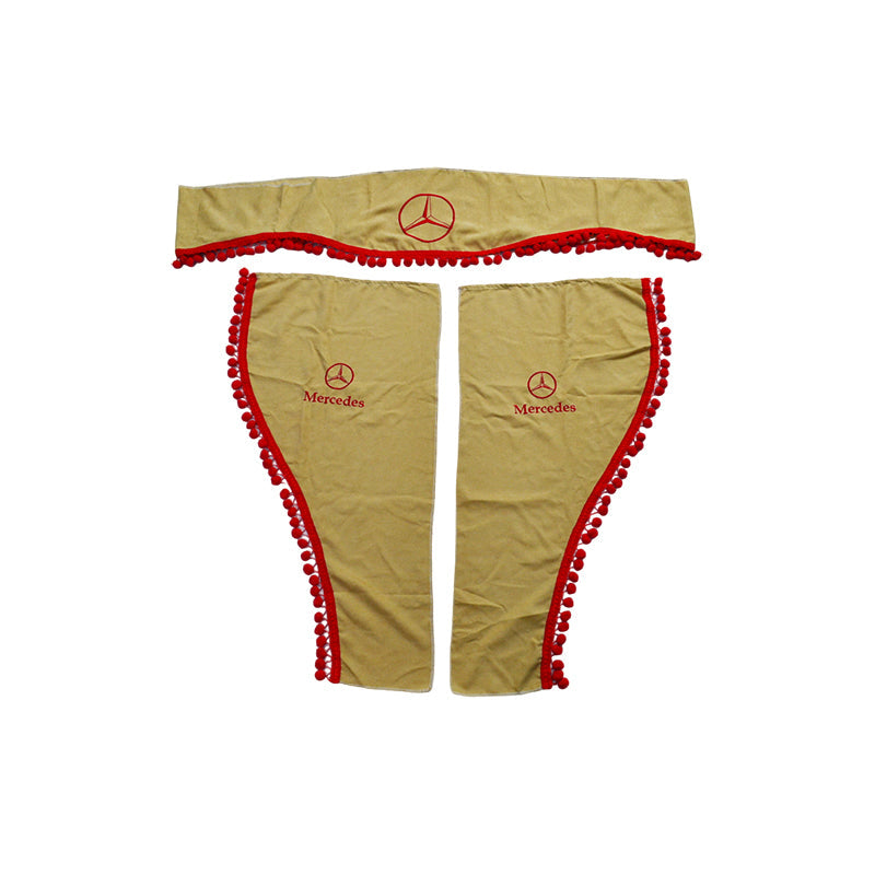 Rideaux de camion adaptés pour Mercedes – Ensemble beige 3 pièces avec pompons rouges et emblème