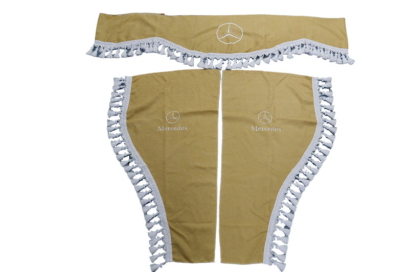 Rideaux beige pour camion adaptés pour Mercedes – jeu 3 pièces avec glands blancs et logo