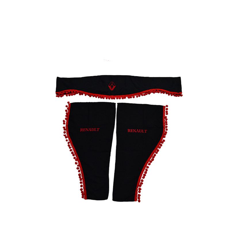 Jeu de rideaux pour camion – adapté pour Renault, 3 pièces, noir avec pompons rouges et logo