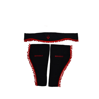 Jeu de rideaux pour camion – adapté pour Renault, 3 pièces, noir avec pompons rouges et logo