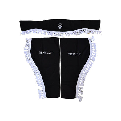 Rideaux de camion adaptés pour Renault – Jeu 3 pièces, noir avec glands blancs et logo