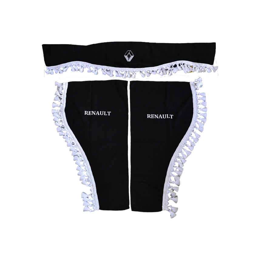 Пердета за камион, подходящи за Renault – 3-частен комплект, черни с бели пискюли и лого