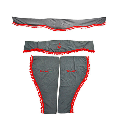 Jeu de rideaux de camion adapté pour Renault – 3 pièces pour pare-brise et vitres latérales, gris avec pompons rouges et logo