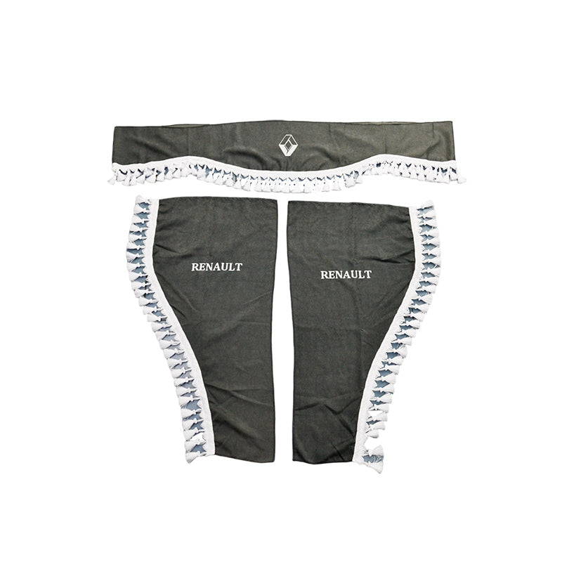 Jeu de rideaux de camion adapté pour Renault – 3 pièces gris avec frange blanche et logo