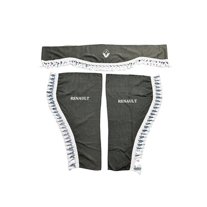Jeu de rideaux de camion adapté pour Renault – 3 pièces gris avec frange blanche et logo